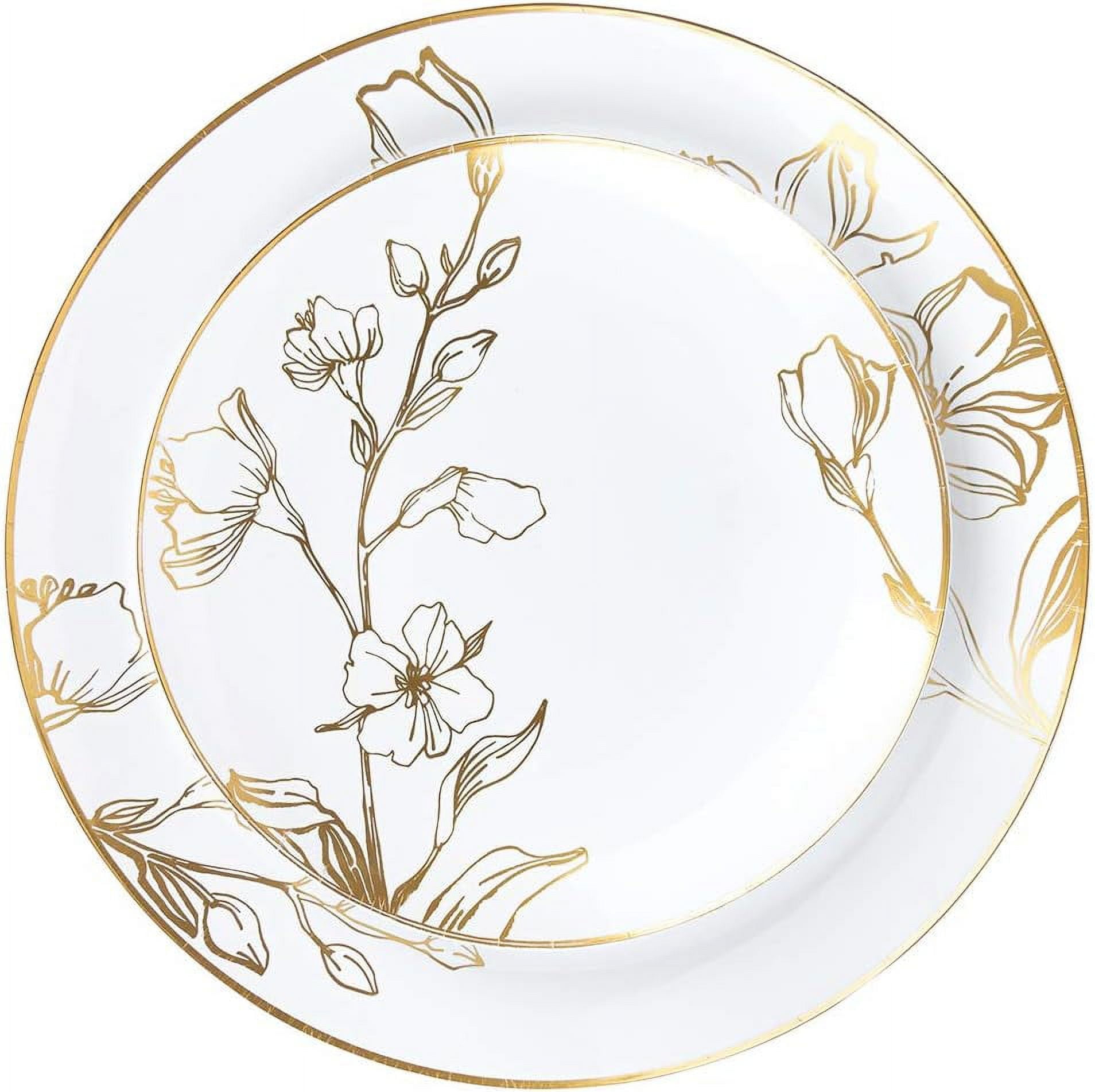 PLASTICPRO 32 piece Gold Floral Plastic Plates Disposable Heavy Duty Elegant Plate for Party 7 10