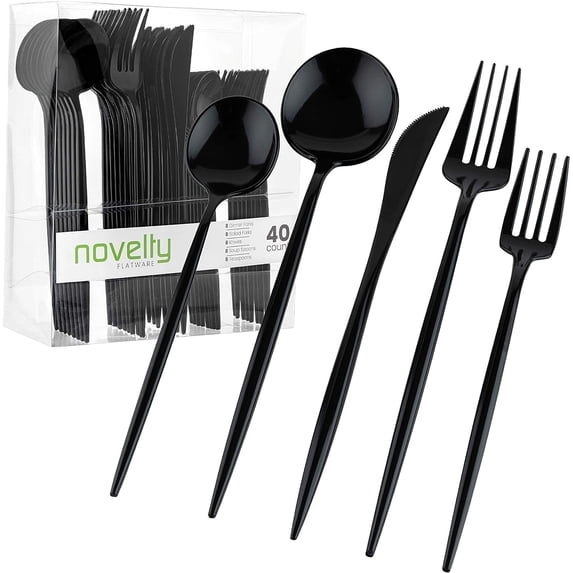 PLASTICPRO 40pc Disposable Black Plastic Silverware Set with Spoons, Knives, Forks, and Teaspoons, Service for 8