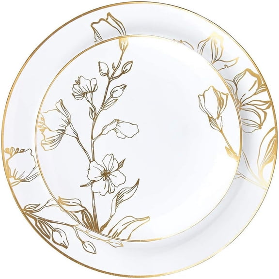 PLASTICPRO 64-piece Gold Floral Plastic Plates Disposable Heavy Duty Elegant Plate for Party, 7'' & 10''