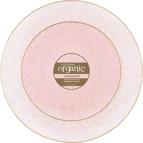 PLASTICPRO 64-piece Pink Hammered Plastic Plates Combo Set Disposable Elegant Plates for Party, 7'' & 10''