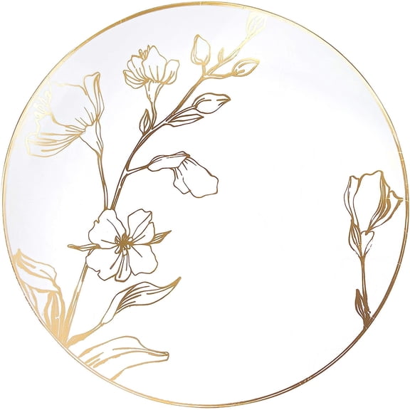 PLASTICPRO 7” White & Gold Disposable Plates Floral Fancy Plastic Plates, 120-Pack