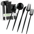 thumbnail image 1 of PLASTICPRO 80pc Disposable Black Plastic Silverware Set with Spoons, Knives, Forks, and Teaspoons, Service for 16, 1 of 6