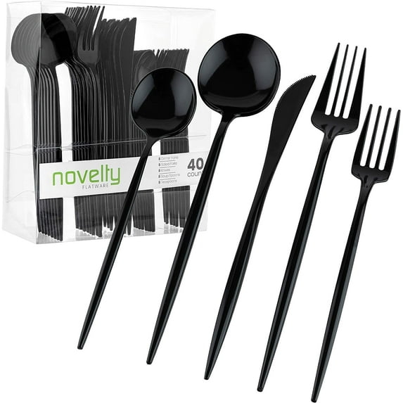 PLASTICPRO 80pc Disposable Black Plastic Silverware Set with Spoons, Knives, Forks, and Teaspoons, Service for 16