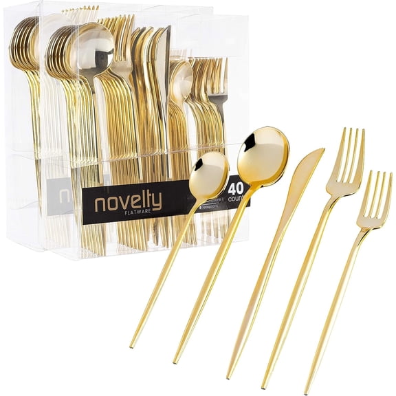 PLASTICPRO 80pc Disposable Gold Plastic Silverware Set with Spoons, Knives, Forks, and Teaspoons, Service for 16