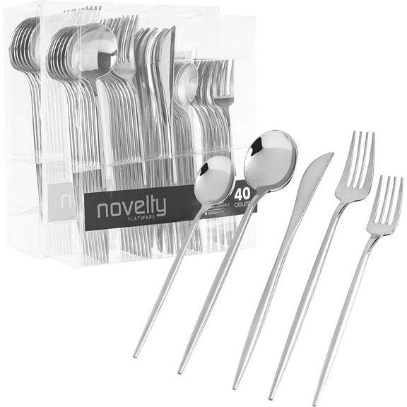 PLASTICPRO 80pc Disposable Silver Plastic Silverware Set with Spoons, Knives, Forks, and Teaspoons, Service for 16