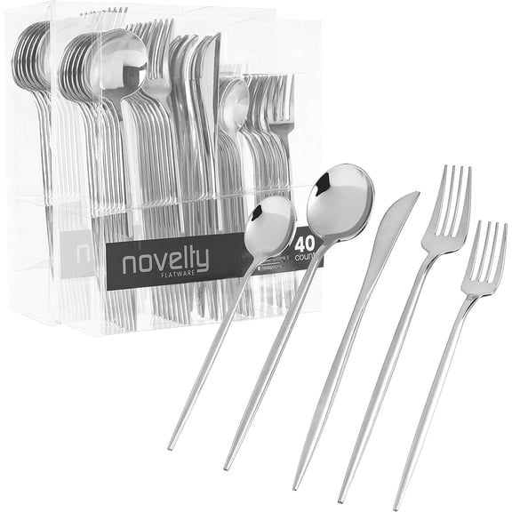 PLASTICPRO 80pc Disposable Silver Plastic Silverware Set with Spoons, Knives, Forks, and Teaspoons, Service for 16