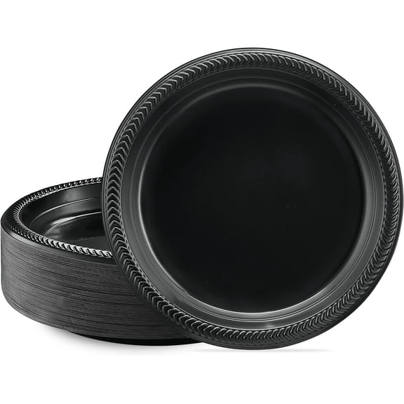 PLASTICPRO 9" Black Plastic Plates Lightweight Disposable Plates for Parties, 100-Pack