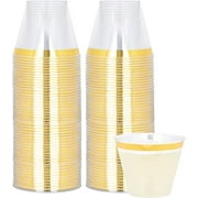 PLASTICPRO 9 Oz Gold Rimmed Disposable Cups Plastic Tumblers Party Cups, 100-Pack