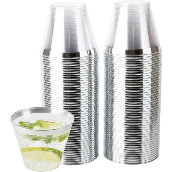 PLASTICPRO 9 Oz Silver Rimmed Disposable Cups Plastic Tumblers Party Cups, 100-Pack