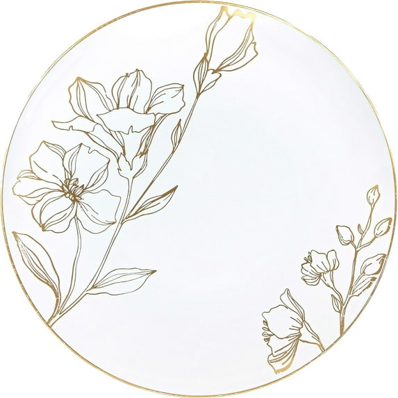 PLASTICPRO 9” White & Gold Disposable Plates Floral Fancy Plastic Plates, 40-Pack