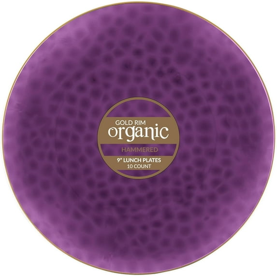 PLASTICPRO 9in Hammered Plastic Bowls Disposable Soup Bowls, Hammered Purple with Gold Rim 30-Pack