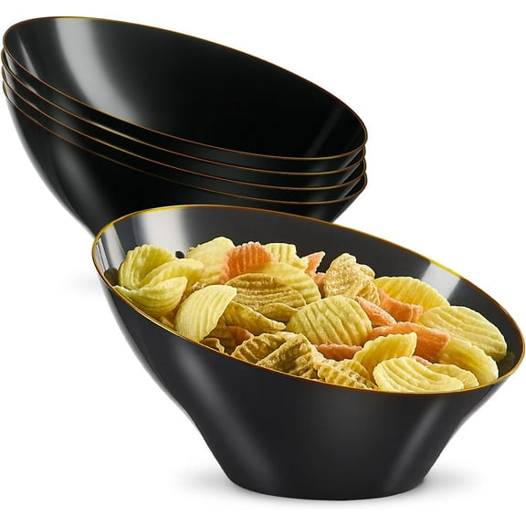 PLASTICPRO Angled Black Plastic Serving Bowls Gold Rim Plasticware Disposable Bowls, 4 pack