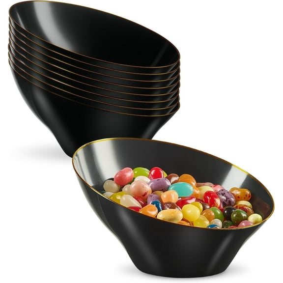 PLASTICPRO Angled Black Plastic Serving Bowls Gold Rim Plasticware Disposable Bowls, 8 Pack