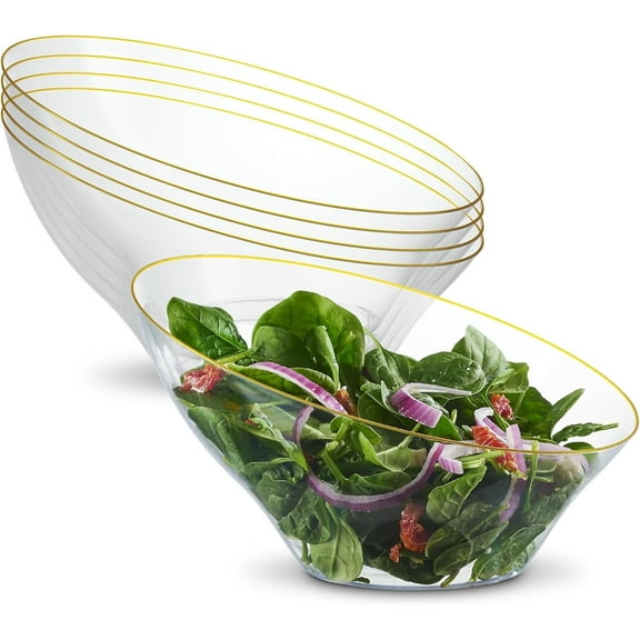 PLASTICPRO Angled Clear Plastic Serving Bowls Gold Rim Plasticware Disposable Bowls, 4 pack