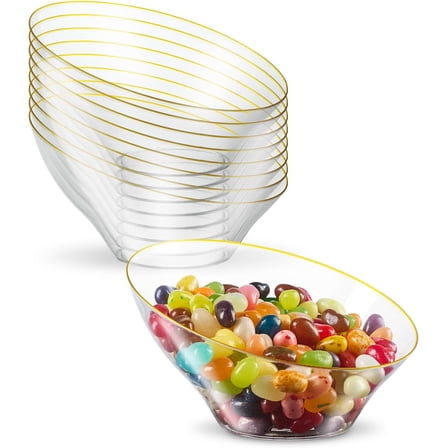 PLASTICPRO Angled Clear Plastic Serving Bowls Gold Rim Plasticware Disposable Bowls, 8 Pack