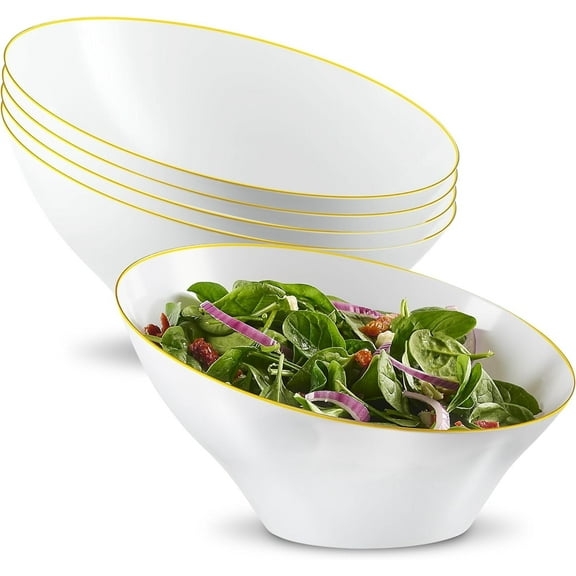 PLASTICPRO Angled White Plastic Serving Bowls Gold Rim Plasticware Disposable Bowls, 4 pack