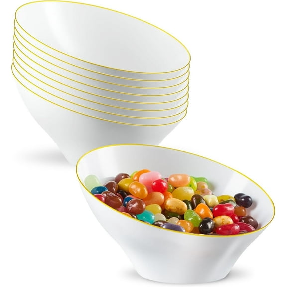 PLASTICPRO Angled White Plastic Serving Bowls Gold Rim Plasticware Disposable Bowls, 8 Pack
