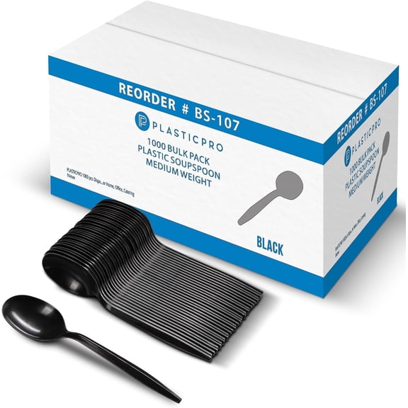 PLASTICPRO Black Plastic Silverware Soup Spoons Disposable Plastic Utensils, 1000 Pack