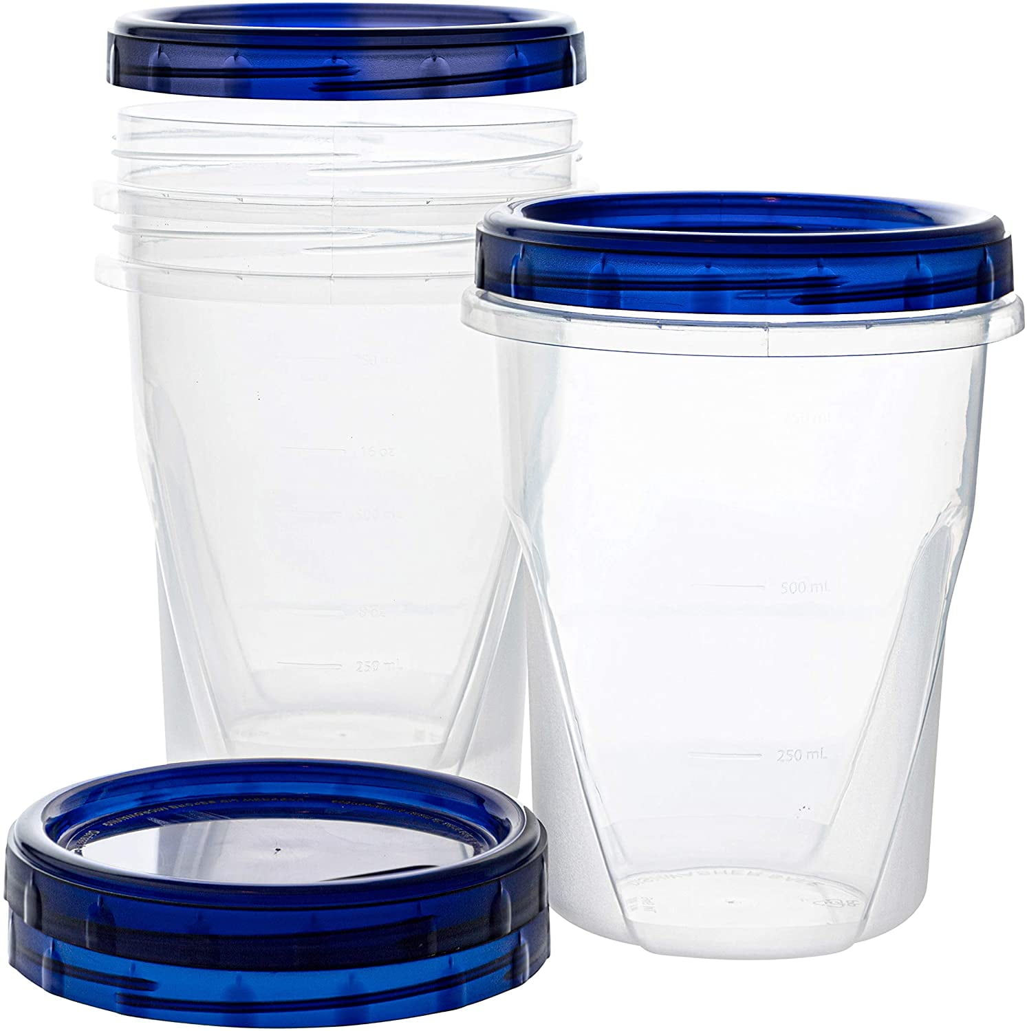 Clear BPA-Free Plastic Round Food Storage Containers with Blue Twist Lock Lids, 32 Oz, Set of 3