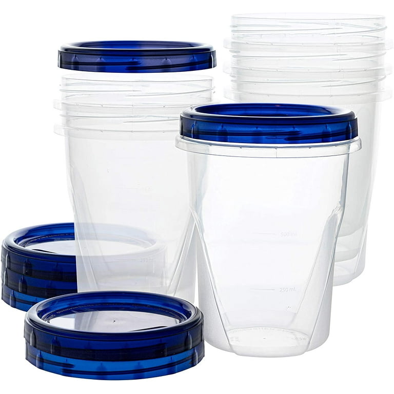 Plasticpro Food Storage Freezer Deli Containers Clear Bottom with Blue Top Twist on Lids Reusable, Stackable,[32 oz 6 Pack]