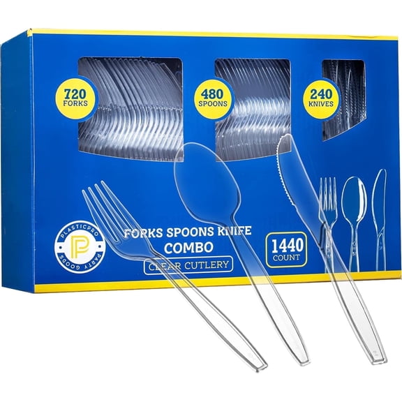 PLASTICPRO Clear Heavyweight Plastic Silverware Disposable Cutlery Set with Forks, Spoons & Knives, 1440-Pack