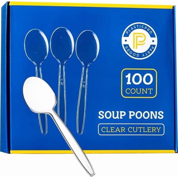 PLASTICPRO Clear Plastic Soup Spoons Heavy Duty Disposable Silverware, 100-Pack