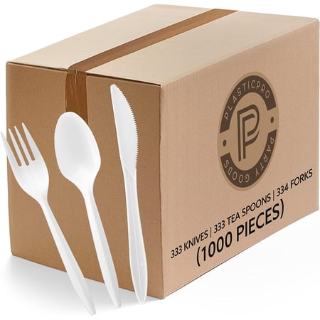 PLASTICPRO Combo Plastic Cutlery Set Medium Weight Disposable Silverware, White 1000-Pack