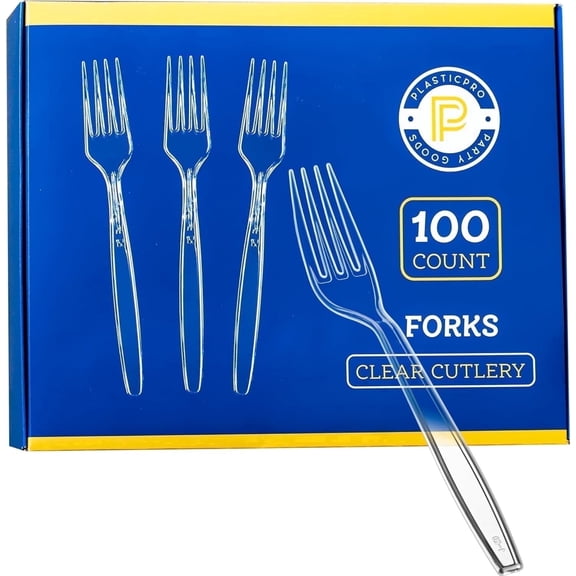 PLASTICPRO Disposable Plastic Forks Heavyweight Utensils Silverware, Clear, Pack of 100