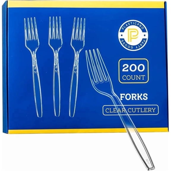 PLASTICPRO Disposable Plastic Forks Heavyweight Utensils Silverware, Clear, Pack of 200