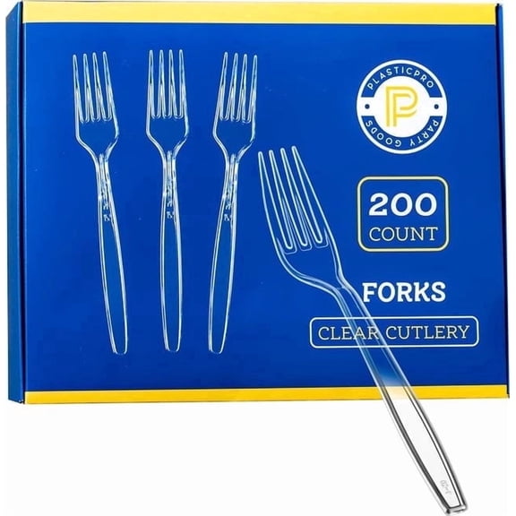 PLASTICPRO Disposable Plastic Forks Heavyweight Utensils Silverware, Clear, Pack of 200