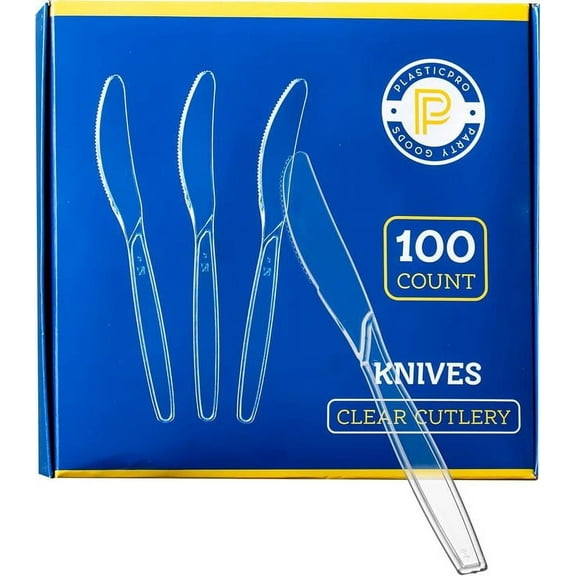 PLASTICPRO Disposable Plastic Knives Silverware Heavyweight Utensils, Clear, Pack of 100