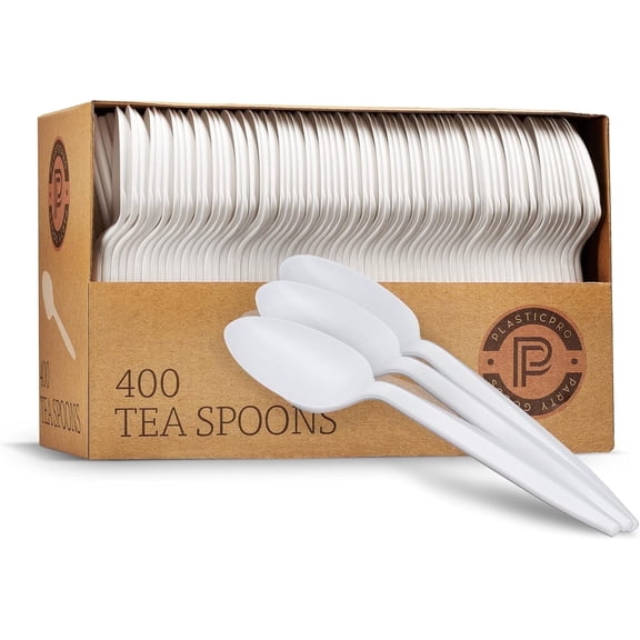 PLASTICPRO Disposable Plastic Tea Spoons Mediumweight Cutlery Utensils, 400 Pack
