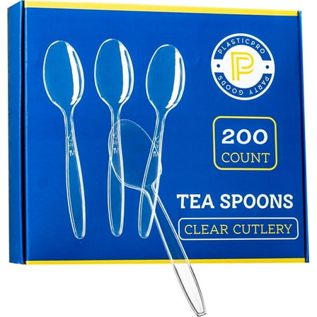 PLASTICPRO Disposable Plastic Teaspoons Heavyweight Tea Spoons, Clear, Pack of 200