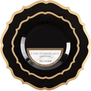 PLASTICPRO Elegant Plastic Dinner Plates Black & Gold Contemporary Plastic Silverware, 32 Pack