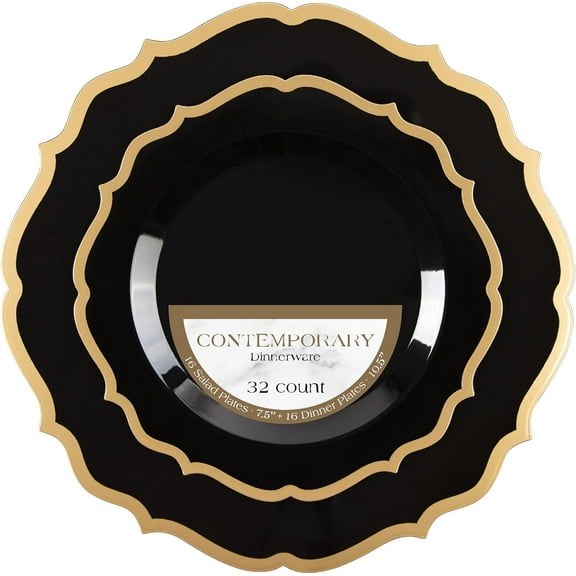 PLASTICPRO Elegant Plastic Dinner Plates Black & Gold Contemporary Plastic Silverware, 32 Pack