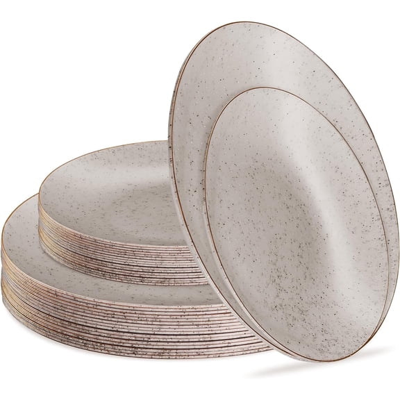 PLASTICPRO Elegant Plastic Dinner Plates Granite Gray Gold Rim Plastic Silverware, 32 Pack