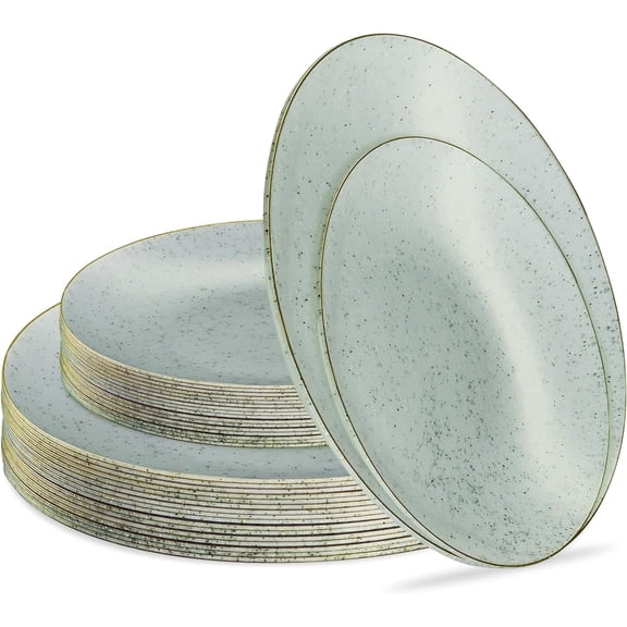 PLASTICPRO Elegant Plastic Dinner Plates Granite Green Gold Rim Plastic Silverware, 64 Pack