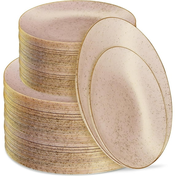 PLASTICPRO Elegant Plastic Dinner Plates Granite Pink Gold Rim Plastic Silverware, 128 Pack