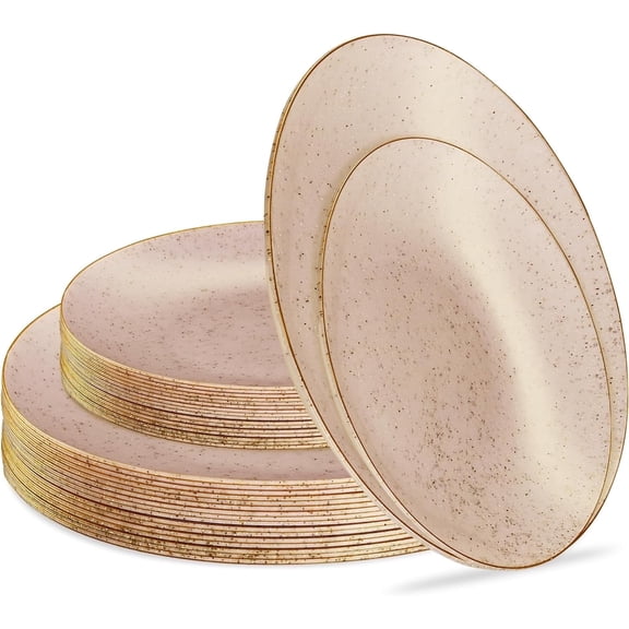 PLASTICPRO Elegant Plastic Dinner Plates Granite Pink Gold Rim Plastic Silverware, 32 Pack