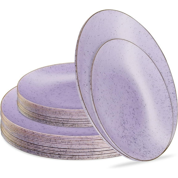 PLASTICPRO Elegant Plastic Dinner Plates Granite Purple Gold Rim Plastic Silverware, 64 Pack
