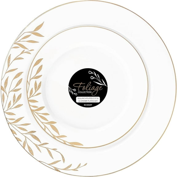 PLASTICPRO Elegant Plastic Dinner Plates White Gold Flower Plastic Silverware, 32 Pack