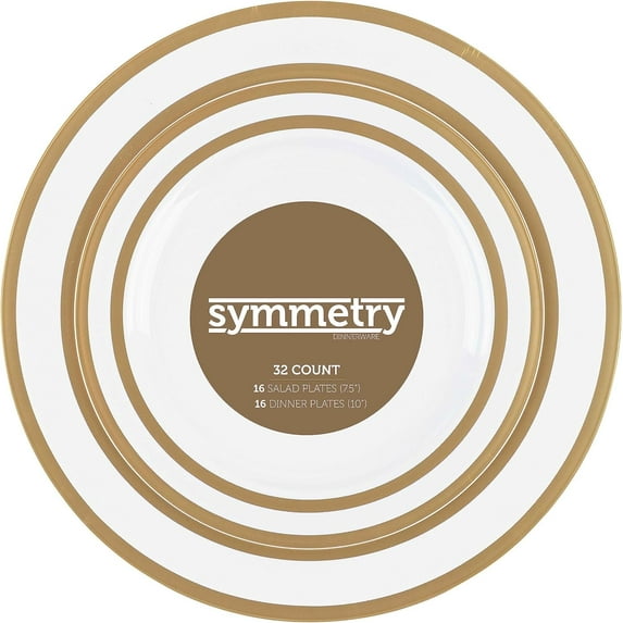 PLASTICPRO Elegant Plastic Dinner Plates White Gold Symmetry Plastic Silverware, 32 Pack