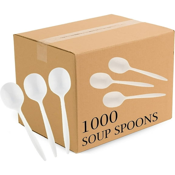 PLASTICPRO Heavy Duty Plastic Soup Spoons Disposable Silverware, 1000-Pack White