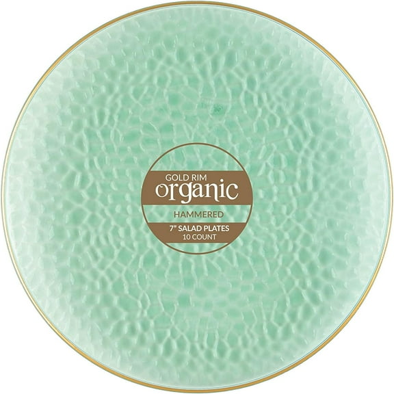 PLASTICPRO Pack of 30 Disposable Plastic Plates Fancy Dinner Plate Heavy Weight, Hammered Green With Gold Rim 7”