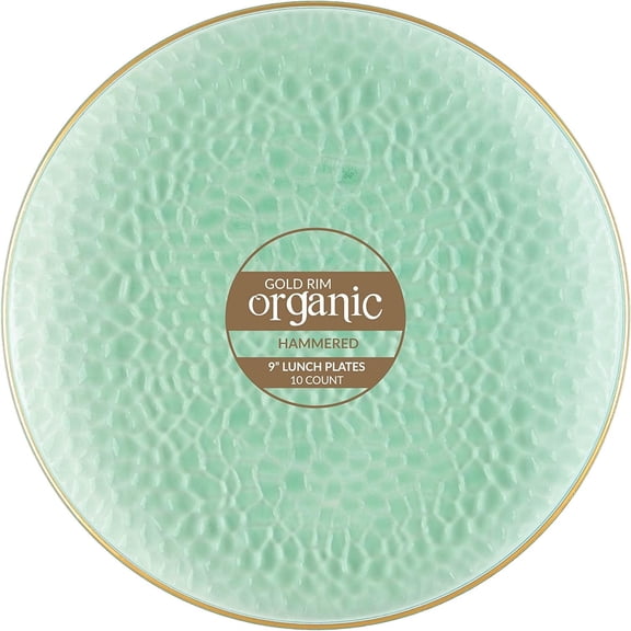 PLASTICPRO Pack of 30 Disposable Plastic Plates Fancy Dinner Plate Heavy Weight, Hammered Green With Gold Rim 9”