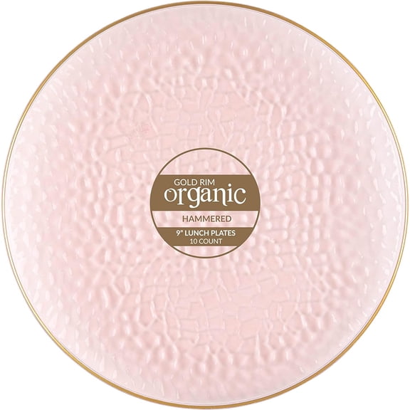 PLASTICPRO Pack of 30 Disposable Plastic Plates Fancy Dinner Plate Heavy Weight, Hammered Pink With Gold Rim 9”