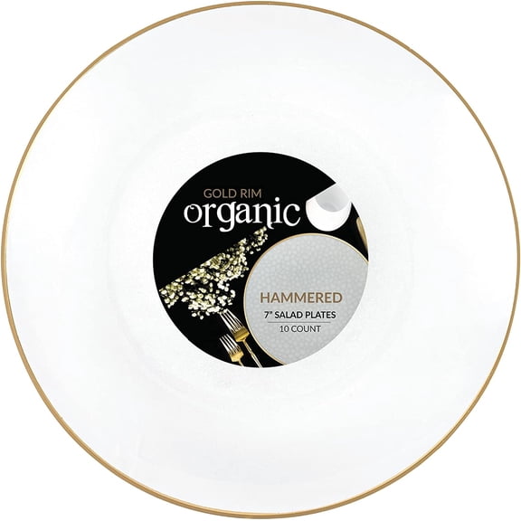 PLASTICPRO Pack of 30 Disposable Plastic Plates Fancy Dinner Plate Heavy Weight, Transparent White With Gold Rim 7”