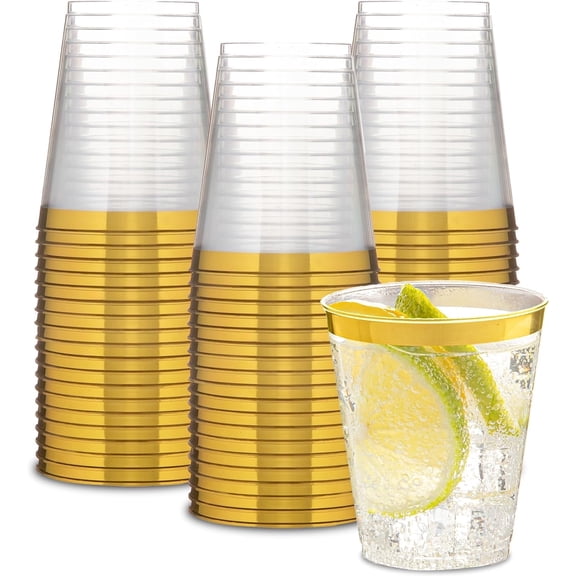 PLASTICPRO Plastic Cups for Party 7 oz Plastic Tumblers Gold Rim Disposable Cups, 50 Pack