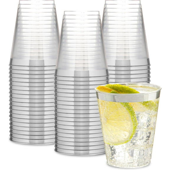 PLASTICPRO Plastic Cups for Party 7 oz Plastic Tumblers Silver Rim Disposable Cups, 50 Pack