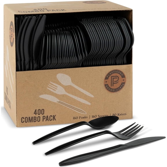 PLASTICPRO Plastic Silverware Kitchen Utensil Set Disposable Plastic Forks, Spoons and Knives, 400 Pack